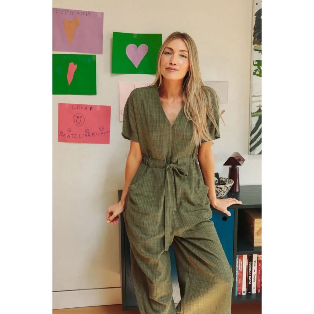 Oddbird Divine Jumpsuit Luxury Soft Turkish Cotton Blend Plaid Olive Green XS